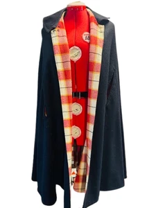 Vintage Reversible Long Cape 100% Wool Black & Red Check Plaid Arm Holes Elegant - Picture 1 of 12