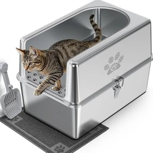 Geschlossene Katzentoilette aus Edelstahl mit Deckel, XL Katzentoilette aus Metall für große... - Bild 1 von 8