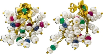 Perlen Ohrhänger Gold 750 18K Süsswasserperlen Smaragde Saphire Rubine - Bild 1 von 3