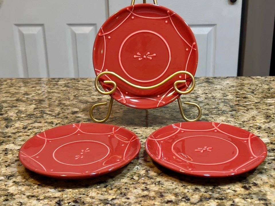 Crate & Barrel  Red Appetizer Plates– Set of (3)6-5/8 Embossed Ornate Design - Image 1 of 4