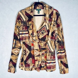 Lauren Ralph Lauren Sweater Blazer Womens M Brown Cotton Aztec Jacket - Picture 1 of 12