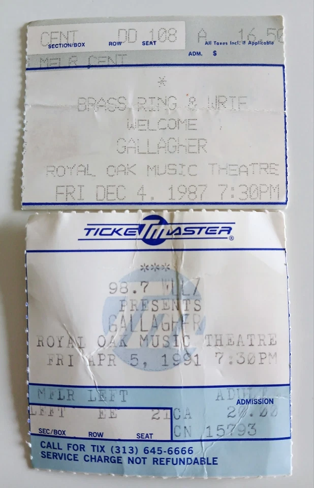 Gallagher Ticket Stub LOT of 2 1987 1991 Royal Oak Music Theather - Image 1 of 2