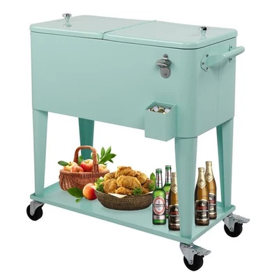 Outdoor 80 Quart Rolling Patio Steel Party Cooler Cart Ice Chest Frozen Trolley - Image 1 of 4