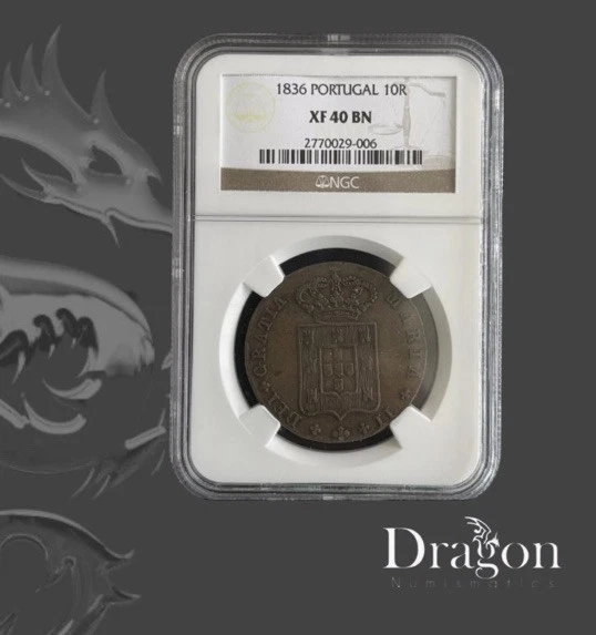 1836 Portugal 10 Reis (1/2 Vinten) Queen Maria II NGC XF 40 BN Copper Coin - Image 1 of 4