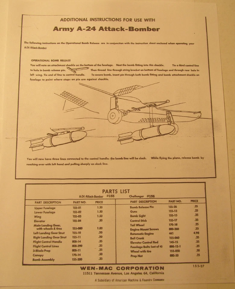 Wen-Mac Additional Instruction Sheet Photocopy for Army A-24 Attack Bomber Plane - Image 1 of 1