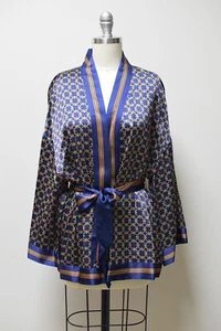 NEW~J PETERMAN Navy Blue Silk Satin Crepe Short Kimono Jacket Top Robe Size ~M~ - Picture 1 of 4