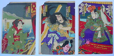 1893 Japanese Original Antique Old Woodblock Print Triptych Of Kagekiyo • 115.84$