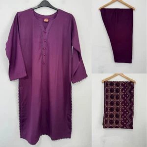 Salwar Kameez Pakistanischer Indischer 3-teiliger genähter Winteranzug Größe Large Lila - Bild 1 von 15