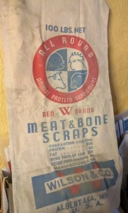 Vintage Red W Brand Meat & Bone Scraps Cloth Bag Wilson & Co Albert Lea MN 100lb - Picture 1 of 10