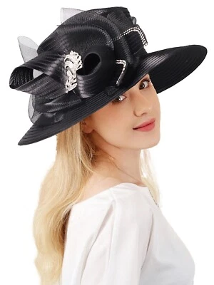 Black Fedora Derby Church Boater Hat Big Brim Satin Fascinators Hats For Women - Image 1 of 4