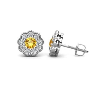 Citrine & Diamond Womens Halo Stud Earrings 7/8 ctw 14K Gold JP: 263450 - Picture 1 of 13