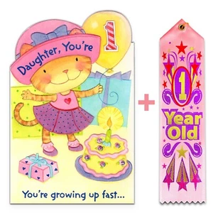 Cute 1ST BIRTHDAY Card FOR 1 YEAR OLD DAUGHTER & Award Ribbon Keepsake by AGC +✉ - Picture 1 of 5