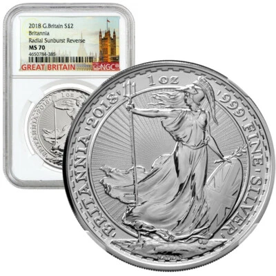 2018 U.K. £2 Silver Britannia Radial Sunburst 1oz NGC MS70   - Image 1 of 4