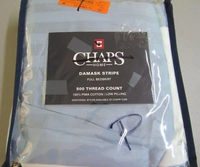 Chaps Damask Stripe Full Bedskirt Blue 15" drop new  - Image 1 of 4
