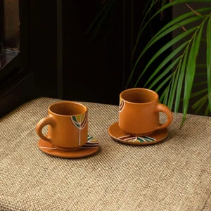 Shades of a Leaf Handpainted Terracotta Coffee Mugs Tea Cup Plate Set of 2 - Picture 1 of 3
