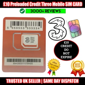 £10 KREDYT Trzy sieci UK Doładowana karta SIM Pay As You Go - Zdjęcie 1 z 10