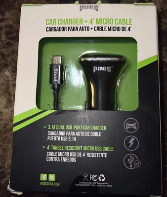Pugs Gear Car 12V Charger w/ Micro USB 4' Cable Black Model 699/186 A232 - Image 1 of 2