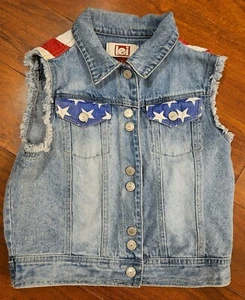 Vintage LEI American Flag Denim Vest Patriotic America USA Stars and Stripes - Picture 1 of 7