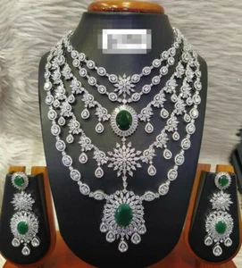 Bollywood Style Silver Plated Indian CZ AD Bridal Long Emerald Necklace Earrings - Picture 1 of 6