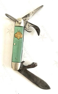 Винтажный карманный нож 1960-х для девочек-скаутов Kutmaster зеленый с логотипом, 4 складных лезвия - Изображение 1 из 4