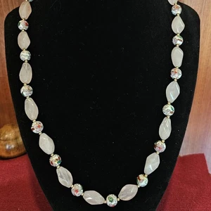 Vintage Rosenquarz Floral Cloisonné Halskette 20,5" Gold gefüllt Verschluss Geschenk - Bild 1 von 8