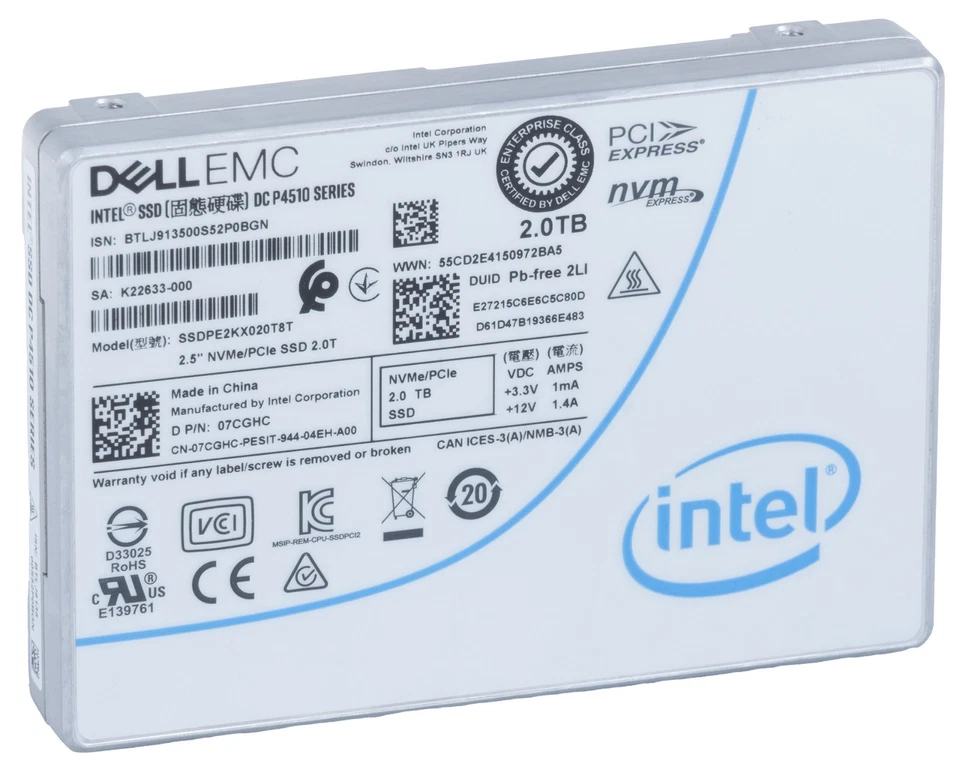 Disk SSD 2TB Intel Dell NVMe U.2 P4510 SSDPE2KX020T8 07CGHC 7CGHC - Bild 1 von 1