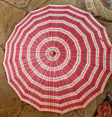 Vtg Plaid Umbrella Bakelite Handle Wood Shaft Metal Runner; One Small Hole - Image 1 of 4