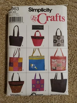 9963 Simplicity Craft Sewing Pattern TOTE BAGS Small Medium Large Lined CC - Image 1 of 2