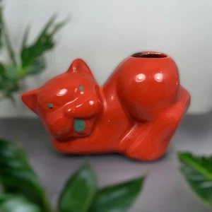 Red Ceramic Cat Planter / Cotton Ball Holder Figurine SMALL Vtg. STAINS & WEAR - Imagen 1 de 16