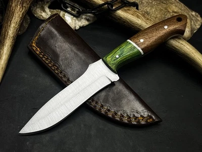 Cuchillo de caza táctico de camping de acero al carbono hecho a mano 10111 con funda de cuero Foto 1 de 4