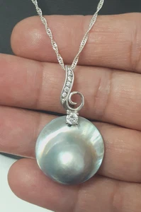 Blue Gray Mabe Blister Pearl Sterling Silver CZ Pendant Necklace 18" 925 Chain - Picture 1 of 17