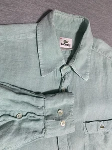 Lacoste Shirt Mens 40 Medium Green 100% Linen Button Up Long Sleeve Logo Preppy - Picture 1 of 10