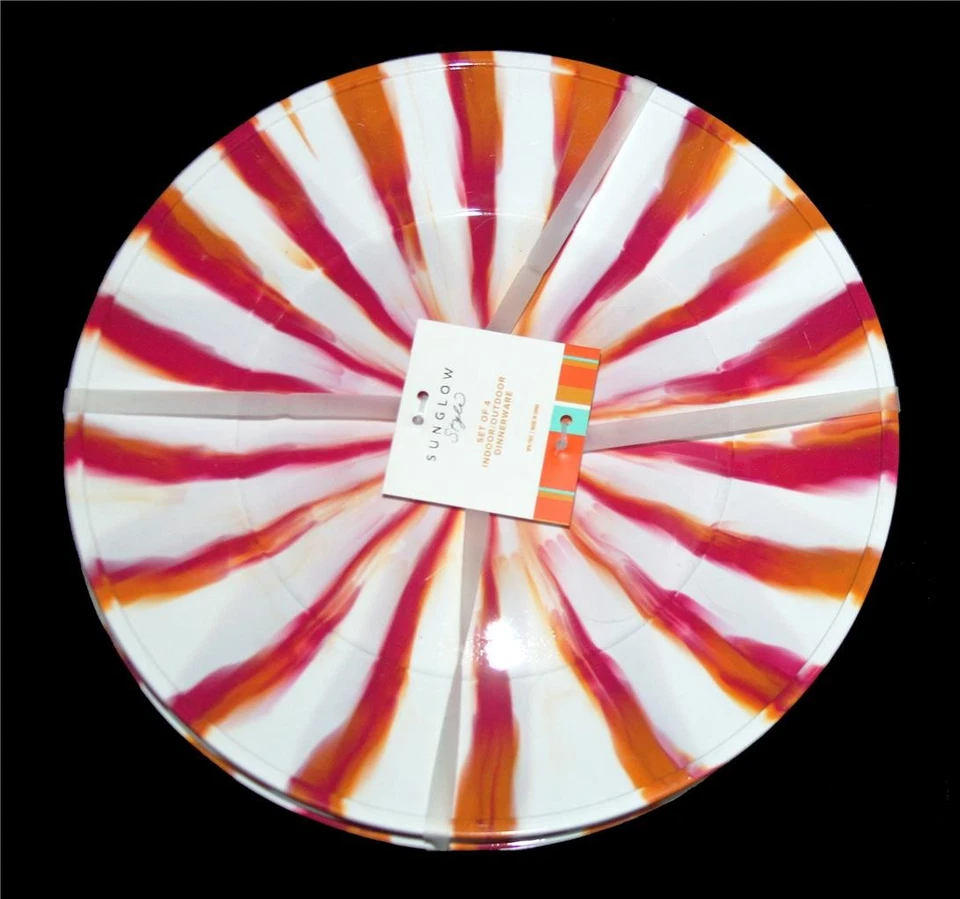 4 Platos de Melamina Sunglow Acuarela Naranja Rojo Rayas 11" Interior Exterior Nuevos con Etiquetas Foto 1 de 1