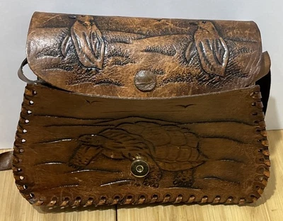 Vintage Leather Hand Tooled Purse Birds Turtle Galapagos Ecuador Boho - Image 1 of 4