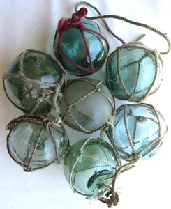 Japanese Glass Fishing FLOATS 2.5" Netted LOT-7 Varied Hues Antiques USA Bz - Picture 1 of 9