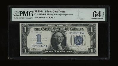 DBR 1934 $1 Silver Funnyback Fr. 1606 BA Block PMG 64 EPQ Serial B33958145A - Image 1 of 2