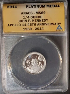 PLATINO 1/4 OZ JFK Apolo 11 Medalla Commem John F Kennedy ANACS MS69 - ¿Mejor Pop?? - Imagen 1 de 5