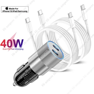 40W Dual Type C Car Charger Adapter PD USB C To USB C Cord For Samsung Android  - Picture 1 of 18