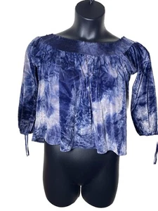American Eagle Outfitters Blue Tie Dye Sz XS Off Shoulder Velvet Short Blouse - Picture 1 of 11