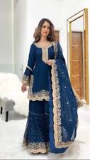 Wedding Sharara Salwar Kameez Blue Moti Palazzo Indian Pakistani Bollywood Suit
