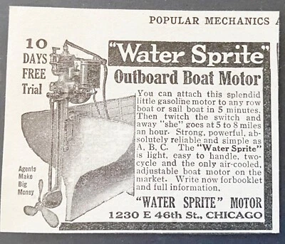 WATER SPRITE Antiguo Motor Fueraborda Barco De Colección 1910 Anuncio Impreso de Popular Mechanics Foto 1 de 2
