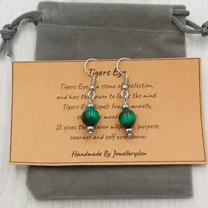 Handmade Green Tigers Eye Crystal Healing Gemstone Chakra 8mm Bead Hook Earrings - Picture 1 of 3