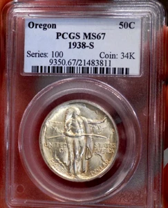 1938 S OREGON 50 C SILVER COMMERATIVE HALF DOLLAR PCGS MS 67++ OLD HOLDER WOW ! - Picture 1 of 5