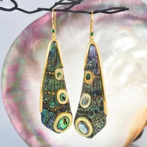 Dragonfly Wing Earrings Abalone Carving Gold Vermeil Sterling Emerald 11.62 g - Picture 1 of 12