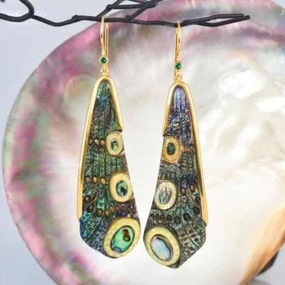 Dragonfly Wing Earrings Abalone Carving Gold Vermeil Sterling Emerald 11.62 g - Image 1 of 4