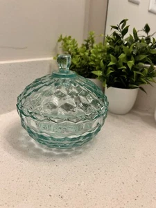 MINT Vintage Indiana Glass Whitehall Pattern Torques Aqua Blue Candy Bowl w/ Lid - Picture 1 of 9