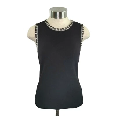 Kate Hill Women's Size XS Black Thick Knit Sleeveless Top w/ White Crochet Trim - Image 1 of 4