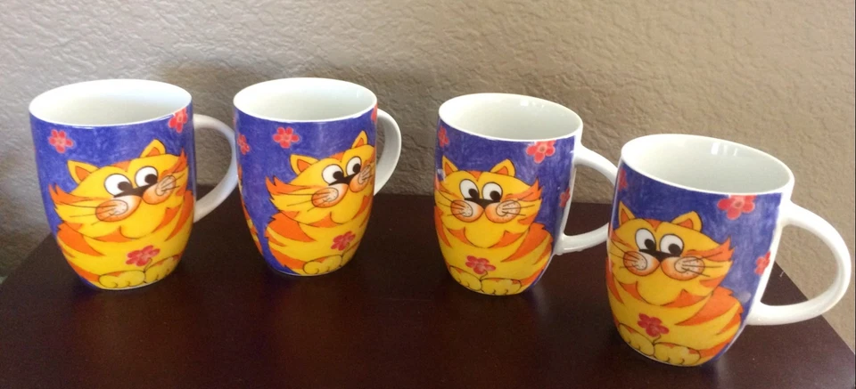 Juego de 4 tazas de porcelana naranja atigrado gato sobre azul de Konitz y 1 taza ¡Muy bonitas! Foto 1 de 4