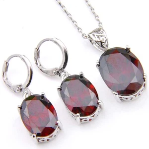 Oval Cut Natural  Fire Red Garnet Gemstone Platinum Plated Pendants Earrings Set - Picture 1 of 6