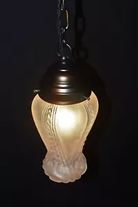 Rare early 1950s German art deco bronze brass & satin glass pendant light lamp - Picture 1 of 15